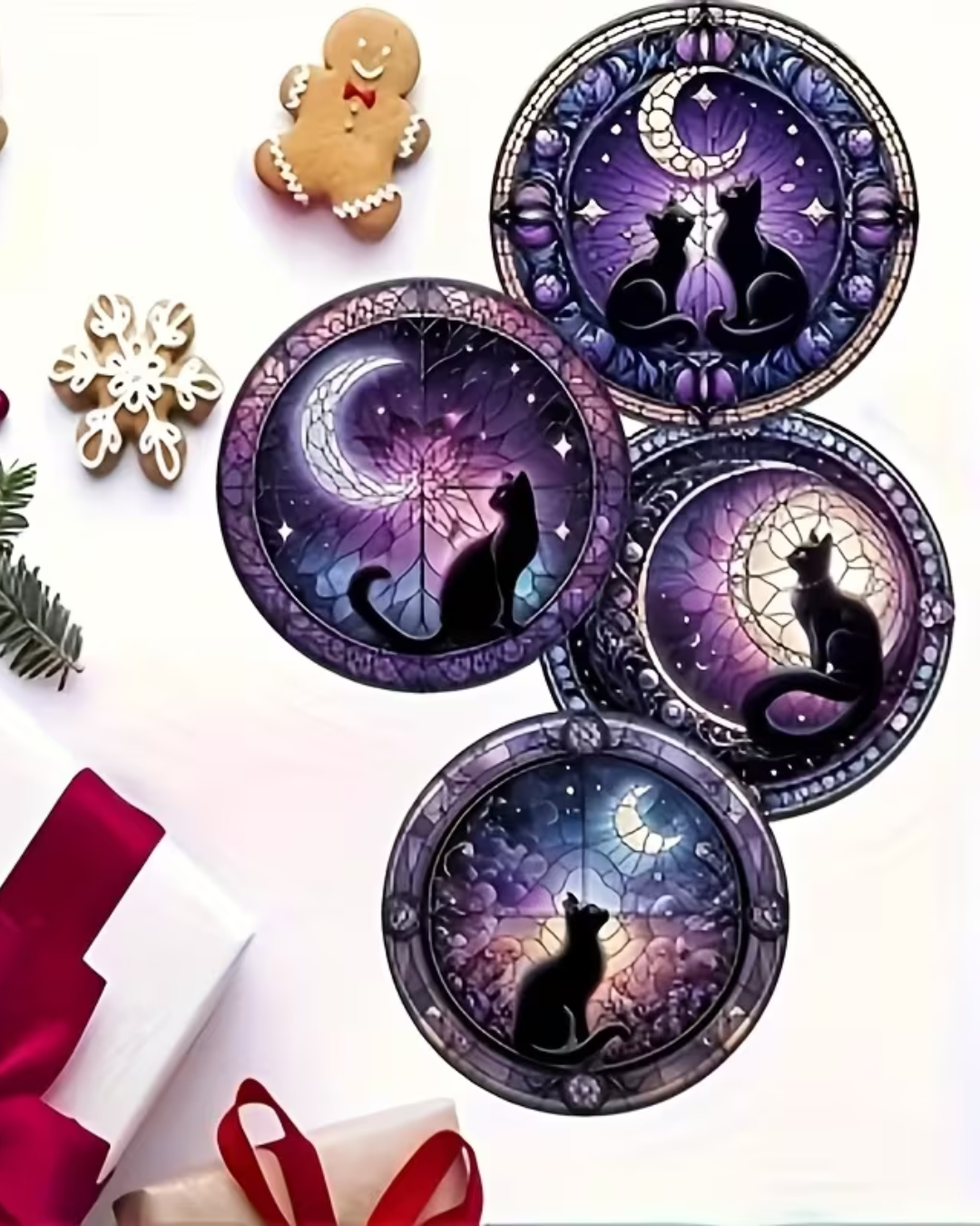 Set de 6 Posavasos Místicos de Madera – Gatos & Luna