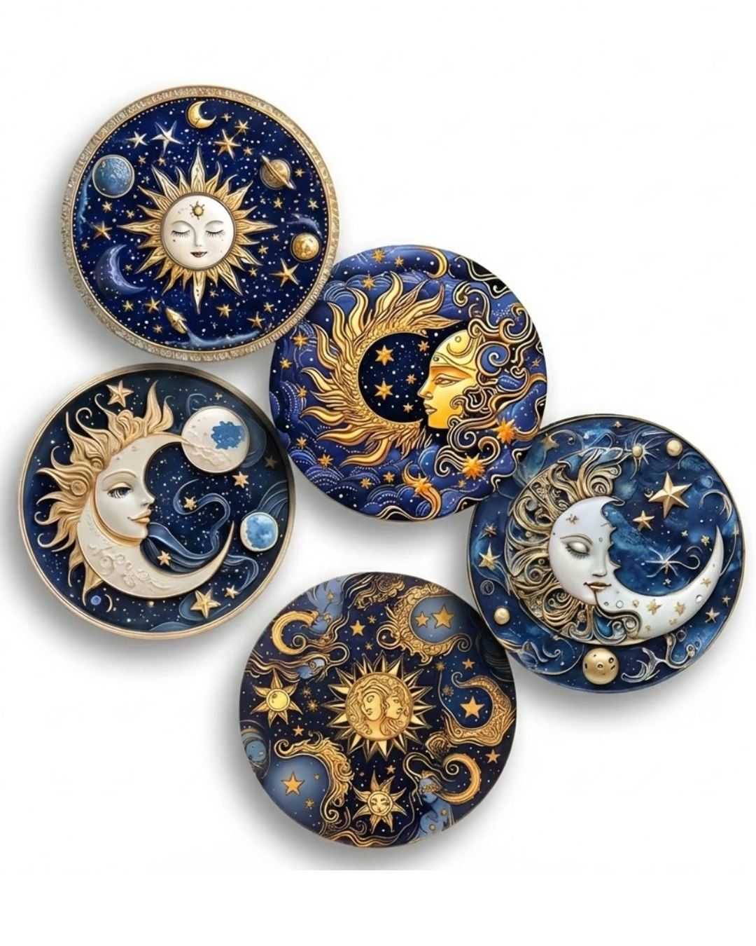 Set de 6 Posavasos Místicos de Madera – Sol & Luna (Estilo Retro Dorado)